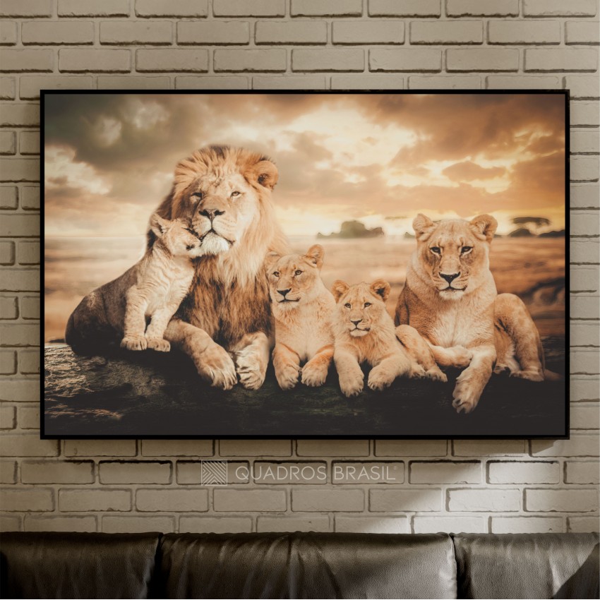 Quadro Família de Leões 3 Filhotes Artístico