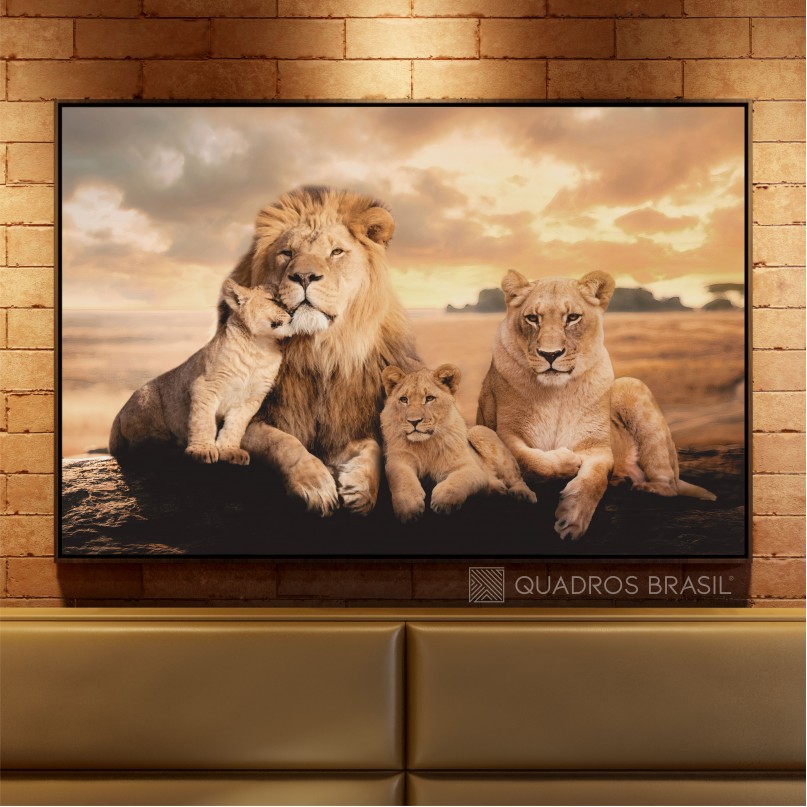Quadro Família de Leões 2 Filhotes Artístico