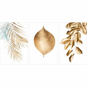 Kit Quadros Folhas Douradas Moderno - Golden Leaves On White