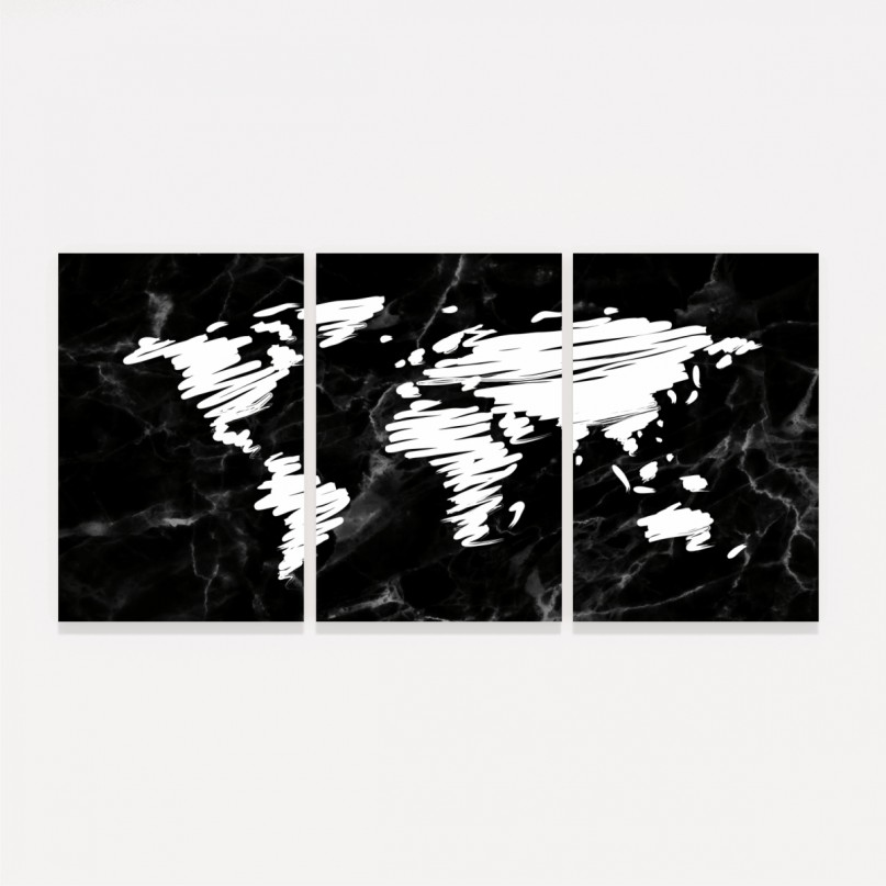 Quadro Mapa Mundi Marmorizado Preto Pinceladas Brancas