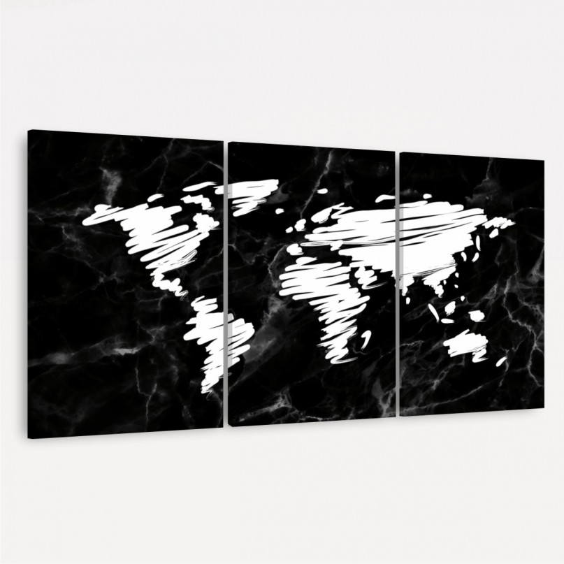 Quadro Mapa Mundi Marmorizado Preto Pinceladas Brancas