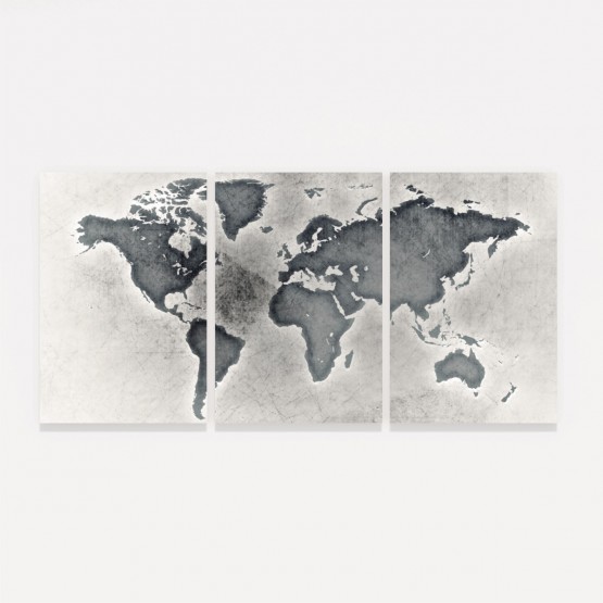 Quadro Mapa Mundi Efeito Prata Envelhecida - 3 Peças