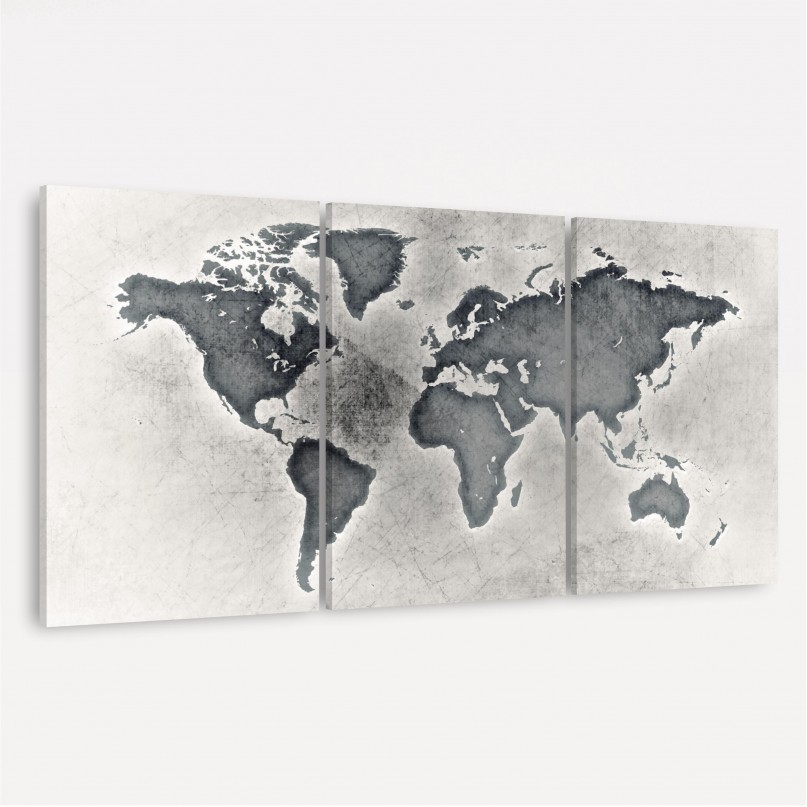Quadro Mapa Mundi Efeito Prata Envelhecida - 3 Peças