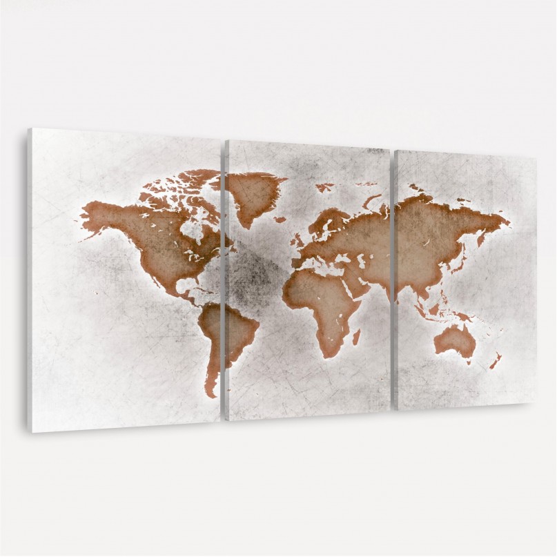 Quadro Mapa Mundi Efeito Arte Envelhecida - 3 Peças