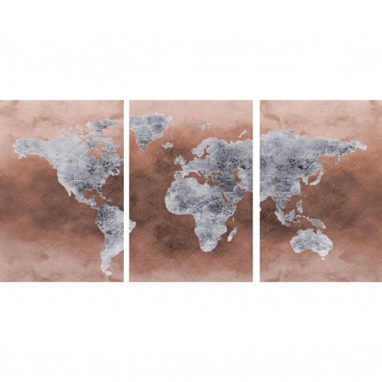 Quadro Mapa Mundi Efeito Couro Marrom - 3 Peças