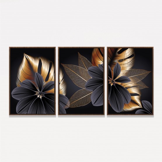 Quadro Flores Douradas Modernas - Luxury Floral Set