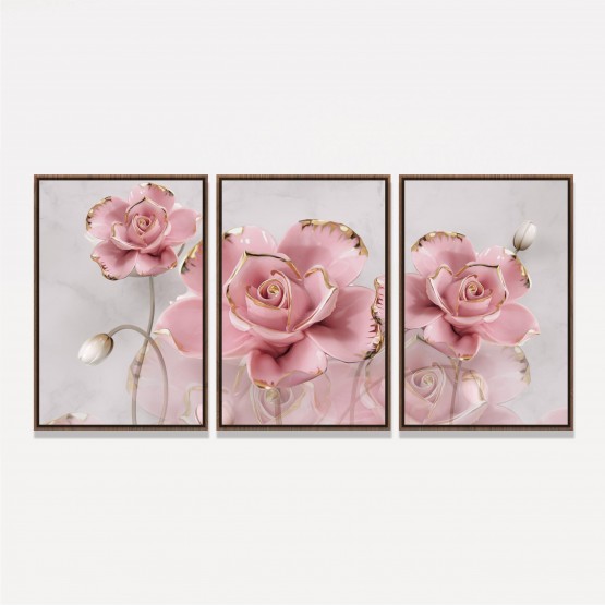 Quadro Flores em Rosa Artístico Detalhes Dourados