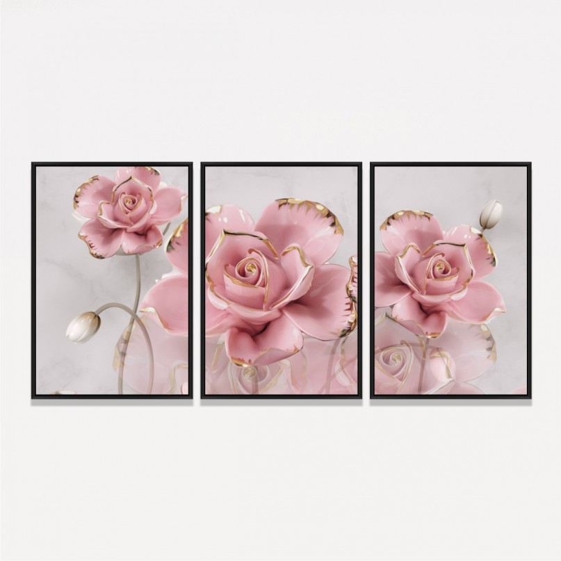 Quadro Flores em Rosa Artístico Detalhes Dourados