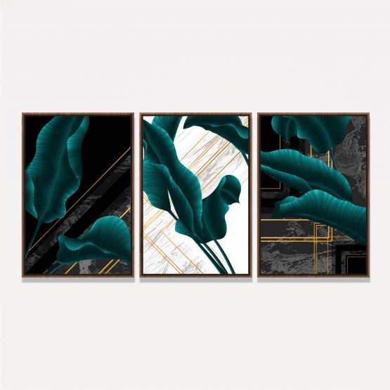 Kit Quadros folhas Folhagem em Arte Abstrata Moderna - 3 Peças