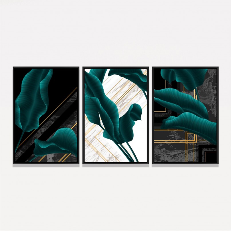 Kit Quadros folhas Folhagem em Arte Abstrata Moderna - 3 Peças