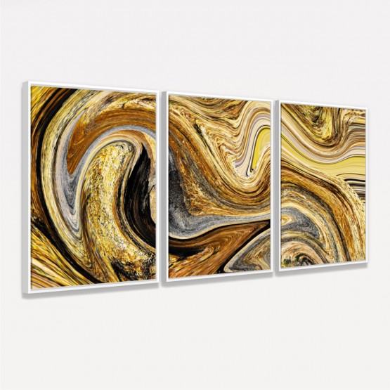 Quadro Abstrato Efeito Mármore Dourado Espiral - 3 Peças