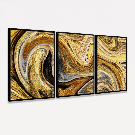 Quadro Abstrato Efeito Mármore Dourado Espiral - 3 Peças