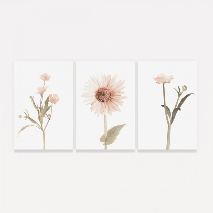 Quadros Flores Conjunto Floral Botânico 3 Peças - Delicate Sunflower