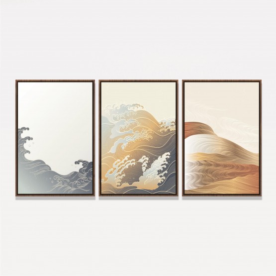 Quadro Abstrato Trio Ondas Moderno - Oriental Pattern - 3 Peças