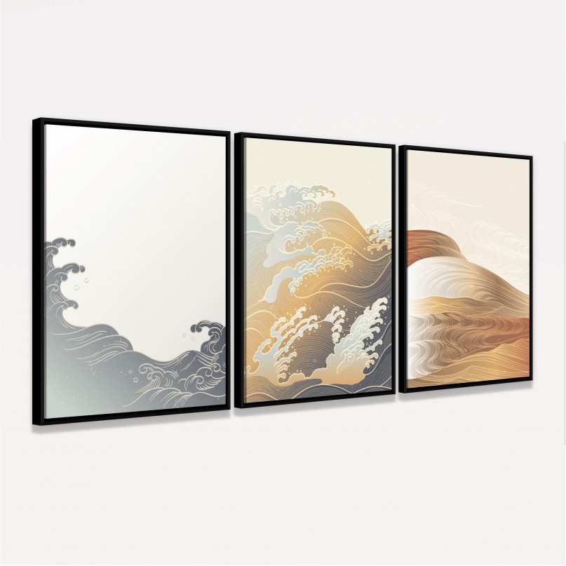 Quadro Abstrato Trio Ondas Moderno - Oriental Pattern - 3 Peças