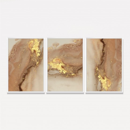 Quadro Trio Luxo Abstrato Marmorizado Marrom Detalhes Dourados