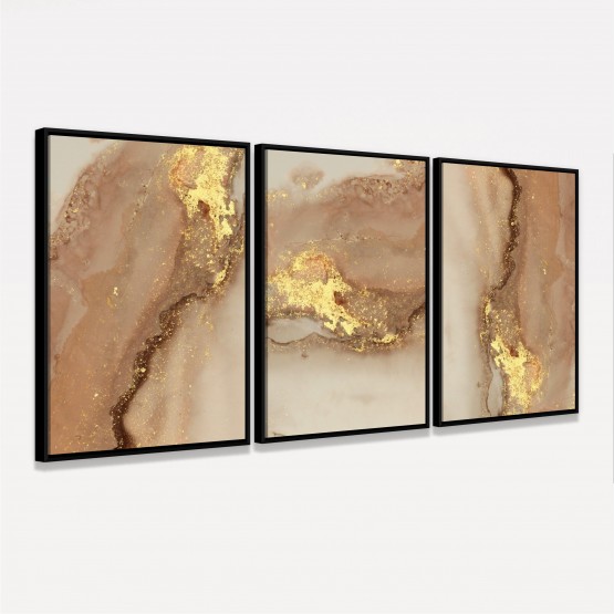 Quadro Trio Luxo Abstrato Marmorizado Marrom Detalhes Dourados