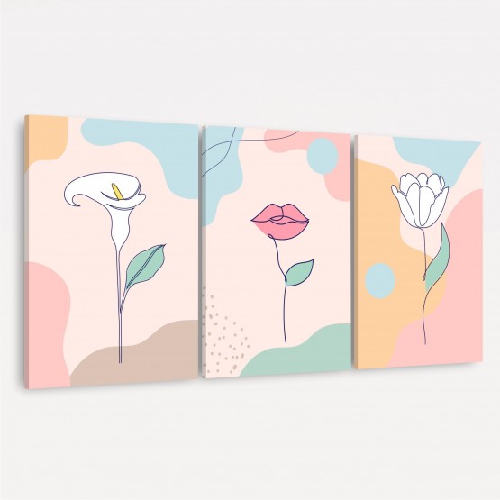 Quadro Abstrato Conjunto Flores Boca Art Minimalista - 3 Peças