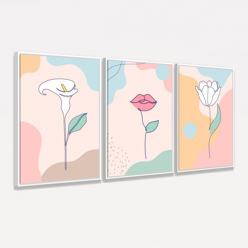 Quadro Abstrato Conjunto Flores Boca Art Minimalista - 3 Peças