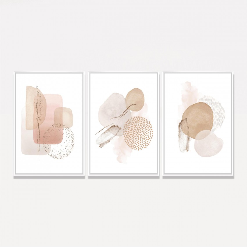 Quadro Abstrato Trio com Tons Suaves de Bege e Branco