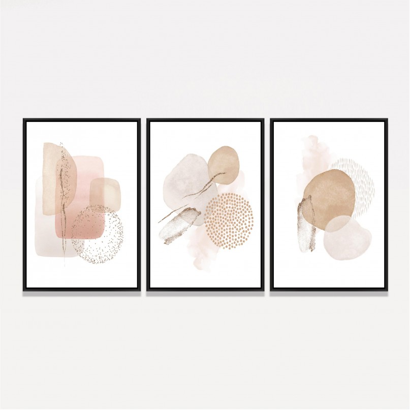Quadro Abstrato Trio com Tons Suaves de Bege e Branco