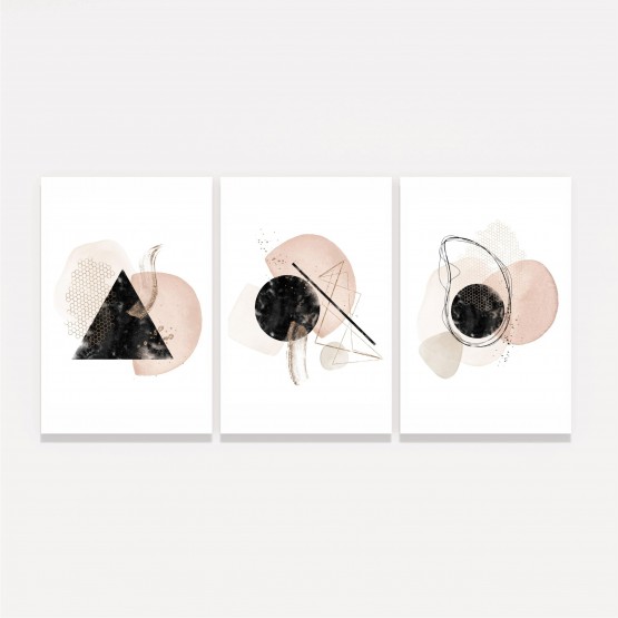 Quadros Abstrato Trio Arte Moderna Composição Tons Bege com Preto