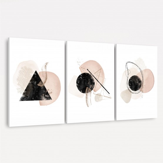 Quadros Abstrato Trio Arte Moderna Composição Tons Bege com Preto