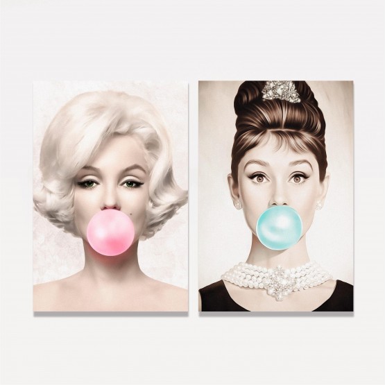 Quadro Marilyn Monroe e Audrey Hepburn Buble Gum