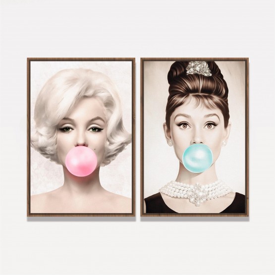 Quadro Marilyn Monroe e Audrey Hepburn Buble Gum