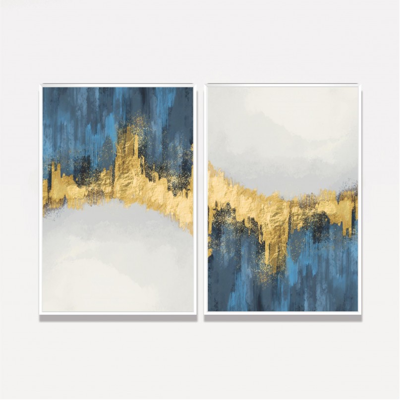 Quadro Abstrato Duo Elegante Artístico Azul e Dourado - 2 Peças