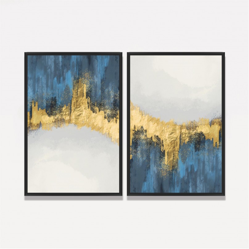 Quadro Abstrato Duo Elegante Artístico Azul e Dourado - 2 Peças