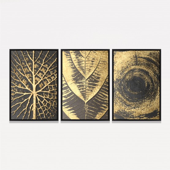 Kit Quadros Abstratos Folhagem Dourada Moderna Luxo 3 Peças