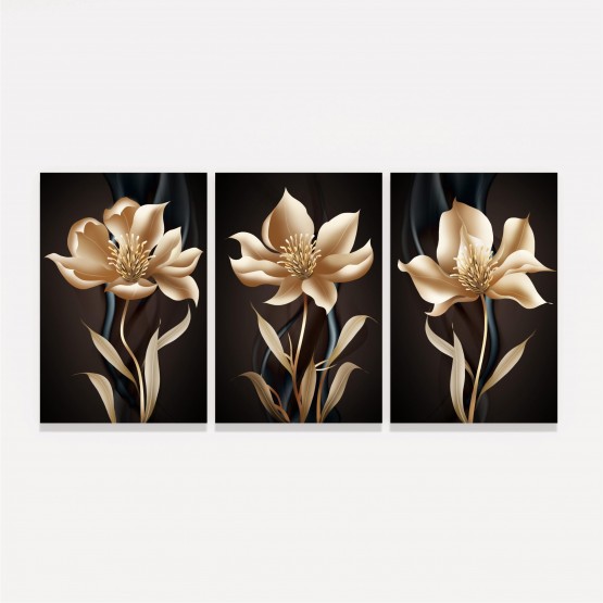 Kit Quadros Flores Modernas Ouro Envelhecido 3 Peças