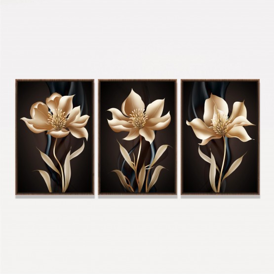 Kit Quadros Flores Modernas Ouro Envelhecido 3 Peças