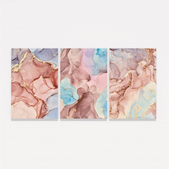 Kit Quadros Abstratos Luxo em Rosa Mármore Moderno 3 Peças