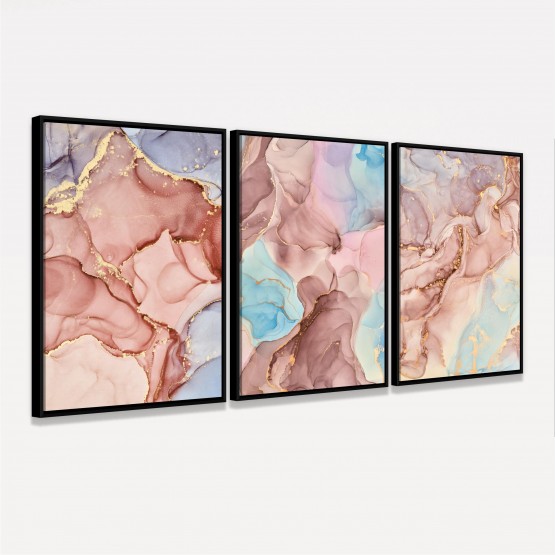 Kit Quadros Abstratos Luxo em Rosa Mármore Moderno 3 Peças