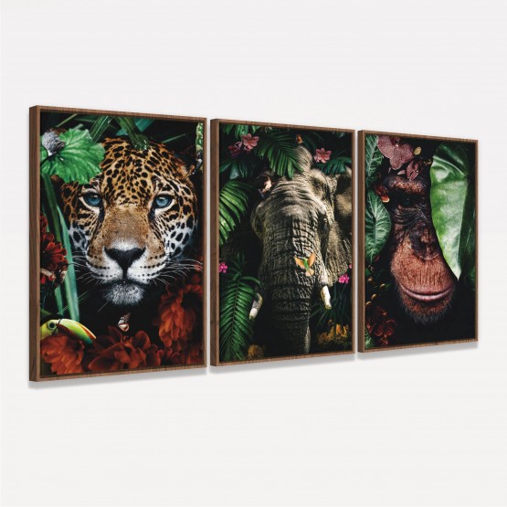 Kit Quadros decorativos Onça Elefante Macaco - Florest Art