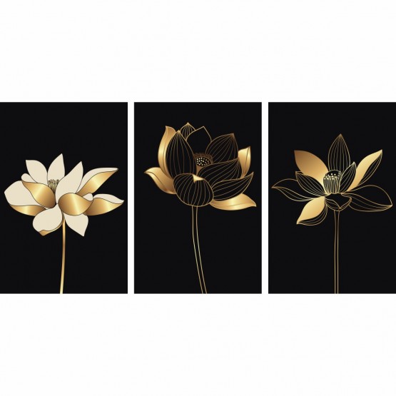 Kit Quadros Flores de Lótus Douradas - Trio em Preto
