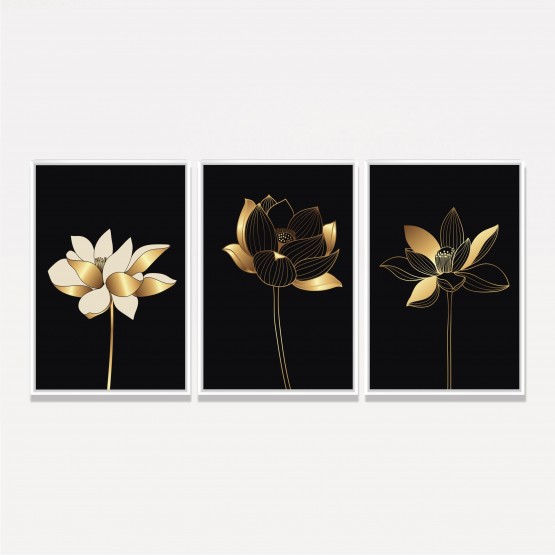 Kit Quadros Flores de Lótus Douradas - Trio em Preto