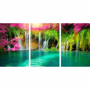 Quadro Paisagem Cachoeira ao Lago Floral - 3 Peças