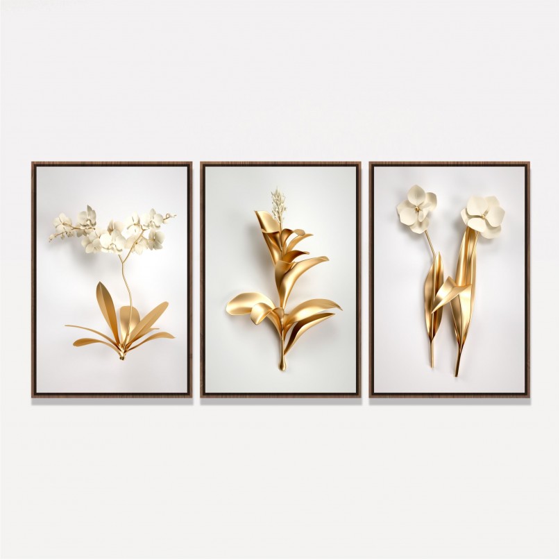 Quadro Trio Floral em Dourado