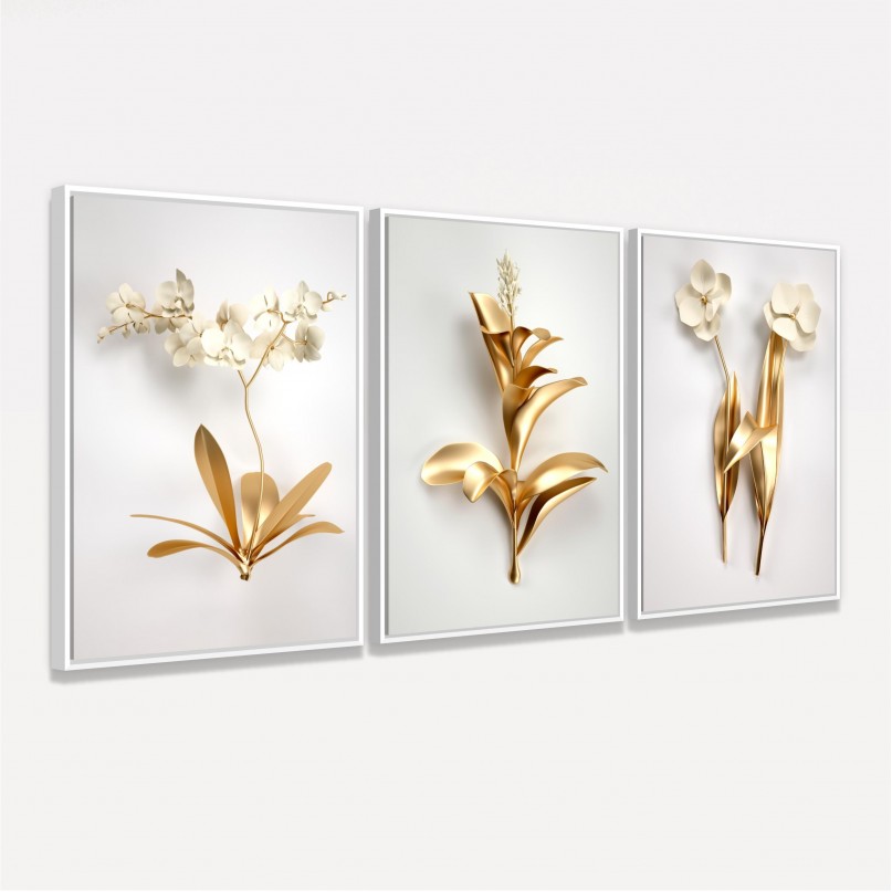 Quadro Trio Floral em Dourado