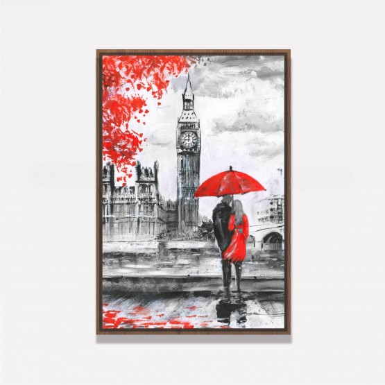 Quadro Casal na Chuva em Londres Artístico - Detalhes Vermelhos