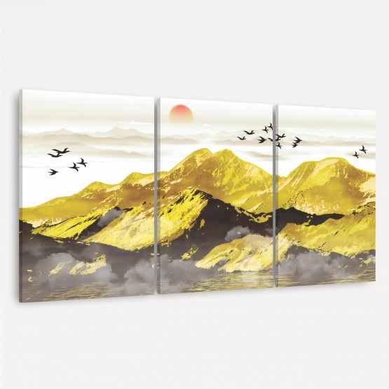 Quadro Paisagem Abstrata Modernas Montanhas Douradas - 3 Peças