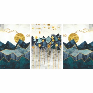 Kit Quadros Abstratos Paisagem Moderna Montanhas Sol Dourado - 3 Peças