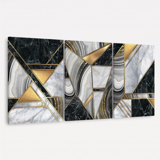 Quadro Abstrato Mármore Geométrico Luxuoso Preto e Dourado - 3 Peças