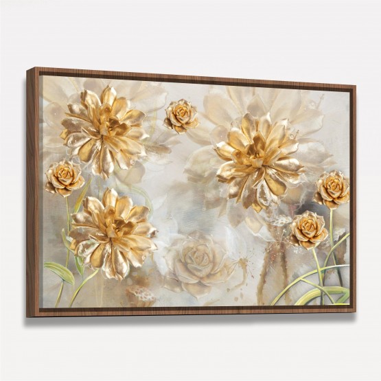 Quadro Flores Douradas Peonias e Rosas Artístico Efeito 3D