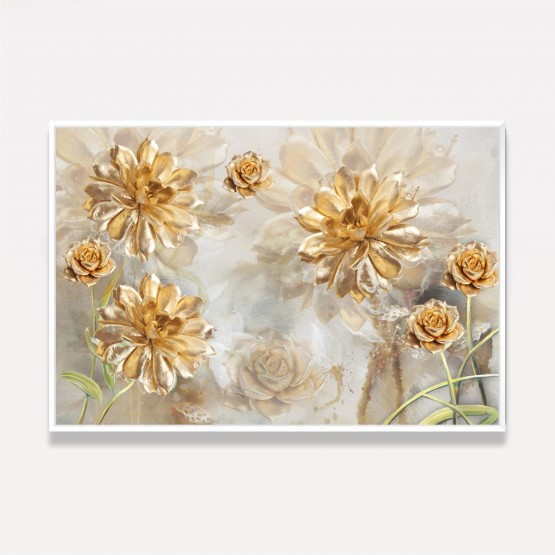 Quadro Flores Douradas Peonias e Rosas Artístico Efeito 3D
