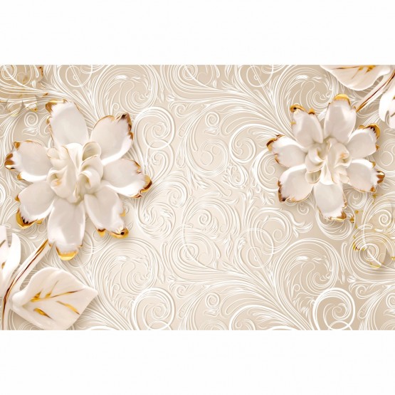 Quadro Flores Brancas e Douradas em Arte Floral Abstrata Moderna