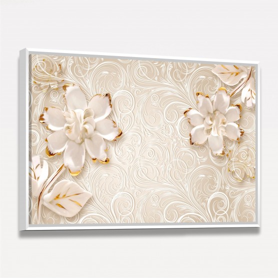 Quadro Flores Brancas e Douradas em Arte Floral Abstrata Moderna